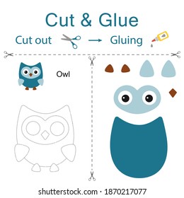 Cut and glue is the paper game for the development of preschool children. Cut parts of the image and glue on the paper. Owl. Vector illustration in flat style