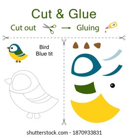 Cut and glue is the paper game for the development of preschool children. Cut parts of the image and glue on the paper. Bird blue tit. Vector illustration in flat style