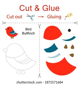 Cut and glue is the paper game for the development of preschool children. Cut parts of the image and glue on the paper. Bullfinch bird. Vector illustration in flat style