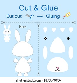 Cut and glue is the paper game for the development of preschool children. Cut parts of the image and glue on the paper. Hare. Vector illustration in flat style