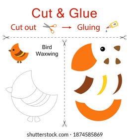 Cut and glue is the paper game for the development of preschool children. Cut parts of the image and glue on the paper. Bird Waxwing. Vector illustration in flat style