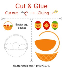 Cut and glue is the paper game for the development of preschool children. Cut parts of the image and glue on the paper. Basket with painted Easter eggs. Vector illustration in flat style