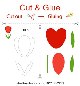 Cut and glue is the paper game for the development of preschool children. Cut parts of the image and glue on the paper. Flower tulip. Vector illustration in flat style