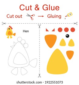 Cut and glue is the paper game for the development of preschool children. Cut parts of the image and glue on the paper. Chicken, hen. Vector illustration in flat style