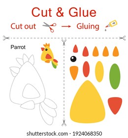 Cut and glue is the paper game for the development of preschool children. Cut parts of the image and glue on the paper. Parrot. Vector illustration in flat style