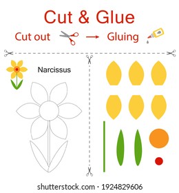 Cut and glue is the paper game for the development of preschool children. Cut parts of the image and glue on the paper. Flower narcissus. Vector illustration in flat style