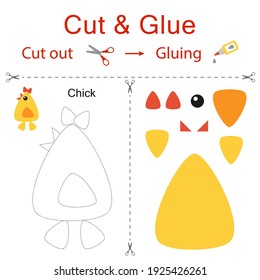 Cut and glue is the paper game for the development of preschool children. Cut parts of the image and glue on the paper. Chick, chicken. Vector illustration in flat style