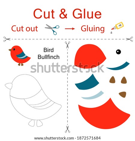 Cut and glue is the paper game for the development of preschool children. Cut parts of the image and glue on the paper. Bullfinch bird. Vector illustration in flat style