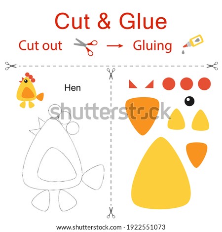 Cut and glue is the paper game for the development of preschool children. Cut parts of the image and glue on the paper. Chicken, hen. Vector illustration in flat style