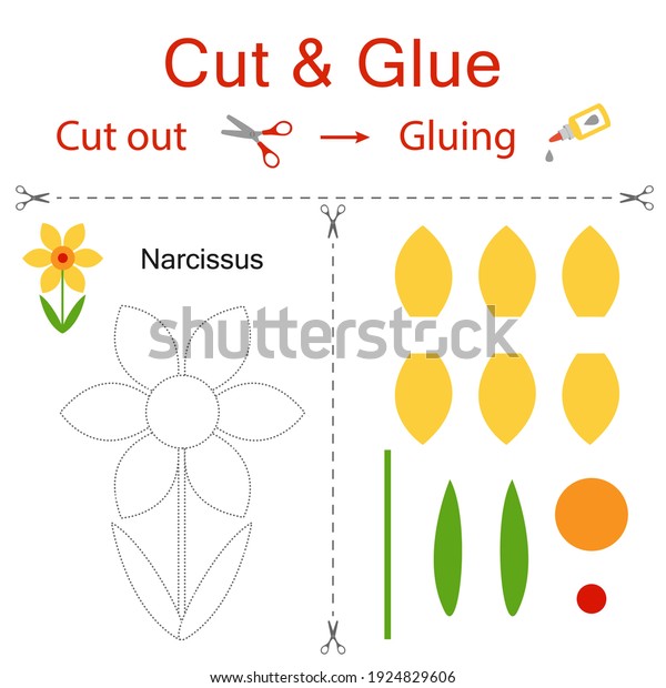 Cut and glue\
is the paper game for the development of preschool children. Cut\
parts of the image and glue on the paper. Flower narcissus. Vector\
illustration in flat style