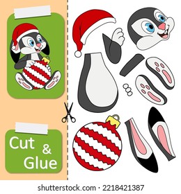 Cut and glue the paper game with smiling rabbit holding New Year's Ball. Create application cartoon Rabbit as symbol of 2023 Chinese New Year. Kids logic game or activities jigsaw. Year of the Rabbit.
