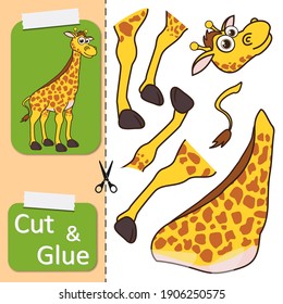 Corta y pega el papel Giraffe. Crear aplicación la caricatura divertida Giraffe. La educación: entretenimiento, diversión para los niños. Juego lógico para niños y actividades jigsaw. Actividad de la hoja de cálculo preescolar.