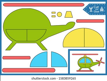 Cut and glue the paper a helicopter. Paper applique. Worksheet with funny education riddle. Children art game. Kids crafts activity page. Diy applique a helicopter. Vector illustration.