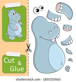 Cut and glue the paper Hippo. Create application the cartoon fun Behemoth. Education riddle entertainment and amusement for children. Kids logic game, activities jigsaw. Preschool worksheet activity.