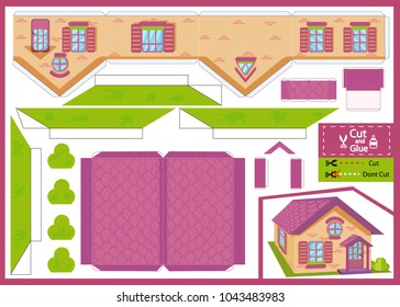 Cut and glue the paper house. Children funny riddle entertainment and amusement. Kids art craft game and activities jigsaw. Create toy the cartoon home on grass and bush yourself. Vector illustration.