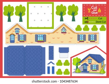 Cut and glue the paper house. Children funny riddle entertainment and amusement. Kids art craft game and activities jigsaw. Create the cartoon home on yard with tree and bushs. Vector illustration.