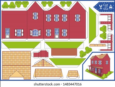 Cut and glue the paper a house. Children craft worksheet. Art game with education riddle. Kids crafts activity page. Create toys yourself. 3d gaming puzzle. Birthday decor. Vector illustration.