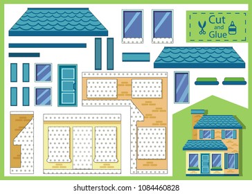 Cut and glue the paper house. Create toys the cartoon home yourself. Children art game and activities jigsaw. Kids fun activity page. Worksheets with tasks for attention. Vector illustration.