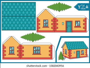 Cut and glue the paper a house. Diy Miniature. Children craft worksheet. Art game with education riddle. Kids crafts activity page. Create toys. 3d gaming puzzle. Birthday decor. Vector illustration.