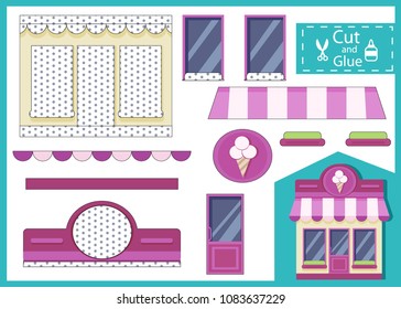 Cut and glue the paper ice cream store. Children art game and activities jigsaw. Kids funny riddle entertainment and activity page. Create toys cartoon building shop yourself. Vector illustration.