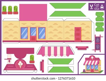 Cut and glue the paper a ice cream shop. Worksheet with funny education riddle. Children art game. Kids crafts activity page. Create toys car yourself. Birthday decor. Vector illustration.