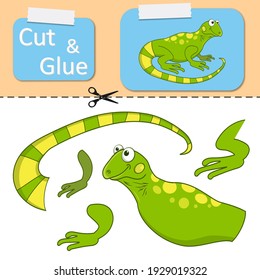 Cut and glue the paper Iguana. Create application the cartoon fun Lizard. Education riddle entertainment and amusement for children. Kid logic game and activities jigsaw. Preschool worksheet activity