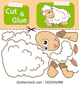 Cut and glue the paper Lamb. Create application the cartoon funny Sheep. Education riddle entertainment and amusement for children. Kids logic game, activities jigsaw. Preschool worksheet activity