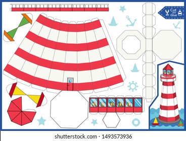 Cut and glue the paper a lighthouse. Children craft worksheet. Art game. Kids crafts activity page. Create toys yourself. 3d gaming puzzle. Sea birthday decor. Vector illustration.