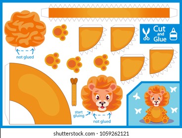 Cut and glue the paper lion. Create Paper toys kitten yourself. Children funny riddle entertainment and amusement. Puppet show. Kids art game and jigsaw. Handmade toy. Vector illustration.