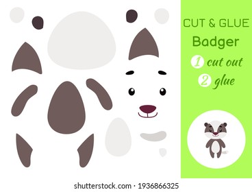 Cut and glue paper little badger. Kids crafts activity page. Educational game for preschool children. DIY worksheet. Kids art game and activities jigsaw. Vector stock illustration.