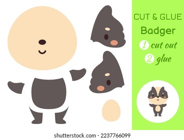 Cut and glue paper little badger. Kids crafts activity page. Educational game for preschool children. DIY worksheet. Kids art game and activities jigsaw. Vector stock illustration