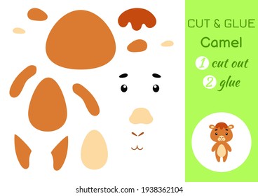 Cut and glue paper little camel. Kids crafts activity page. Educational game for preschool children. DIY worksheet. Kids art game and activities jigsaw. Vector stock illustration.