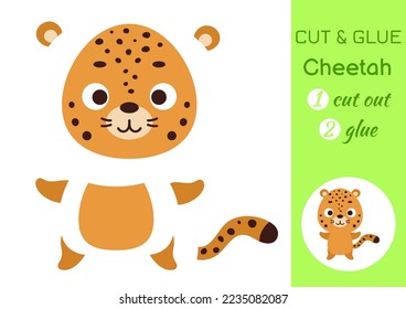 Cut and glue paper little cheetah. Kids crafts activity page. Educational game for preschool children. DIY worksheet. Kids art game and activities jigsaw. Vector stock illustration
