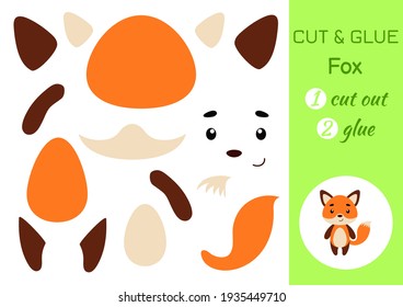 Cut and glue paper little fox. Kids crafts activity page. Educational game for preschool children. DIY worksheet. Kids art game and activities jigsaw. Vector stock illustration.