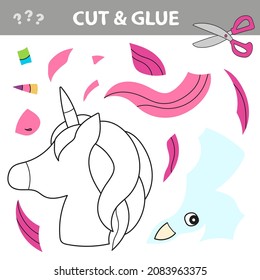Cut and glue the paper little funny Unicorn. Children funny riddle entertainment and amusement. Vector illustration.