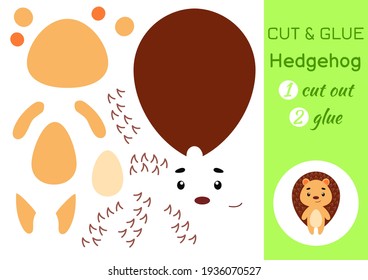 Cut and glue paper little hedgehog. Kids crafts activity page. Educational game for preschool children. DIY worksheet. Kids art game and activities jigsaw. Vector stock illustration.