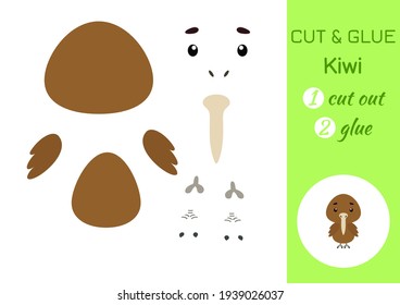 Cut and glue paper little kiwi bird. Kids crafts activity page. Educational game for preschool children. DIY worksheet. Kids art game and activities jigsaw. Vector stock illustration.