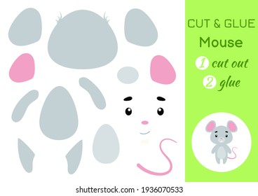 Cut and glue paper little mouse. Kids crafts activity page. Educational game for preschool children. DIY worksheet. Kids art game and activities jigsaw. Vector stock illustration.