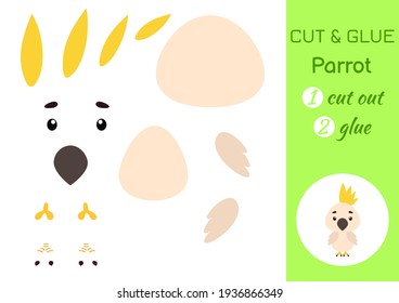 Cut and glue paper little parrot. Kids crafts activity page. Educational game for preschool children. DIY worksheet. Kids art game and activities jigsaw. Vector stock illustration.