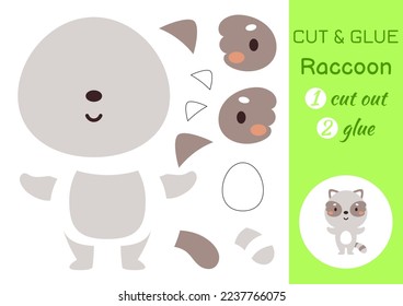 Cut and glue paper little raccoon. Kids crafts activity page. Educational game for preschool children. DIY worksheet. Kids art game and activities jigsaw. Vector stock illustration