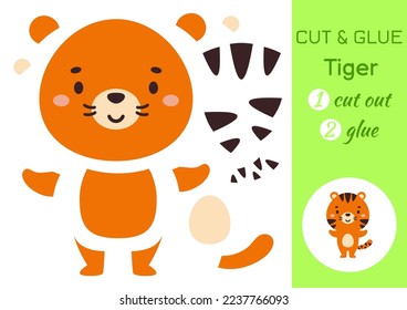 Cut and glue paper little tiger. Kids crafts activity page. Educational game for preschool children. DIY worksheet. Kids art game and activities jigsaw. Vector stock illustration