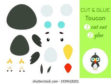 Cut and glue paper little toucan. Kids crafts activity page. Educational game for preschool children. DIY worksheet. Kids art game and activities jigsaw. Vector stock illustration.
