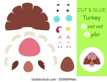 Cut and glue paper little turkey. Kids crafts activity page. Educational game for preschool children. DIY worksheet. Kids art game and activities jigsaw. Vector stock illustration.