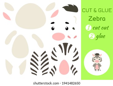 Cut and glue paper little zebra. Kids crafts activity page. Educational game for preschool children. DIY worksheet. Kids art game and activities jigsaw. Vector stock illustration.