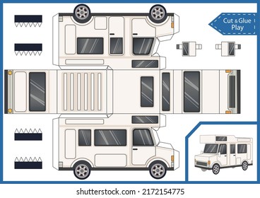 Cut and glue paper motor home. Craft kids game. Create papercraft 3d toys house car. Printable activity page template gaming worksheet. Vector puzzle game.