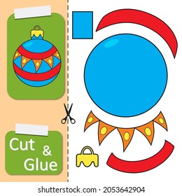 Cut and glue the paper New Year Ball toy. Create application the cartoon Christmas ball. Christmas winter holiday design element for greeting card, decoration. Kids logic game and activities jigsaw.