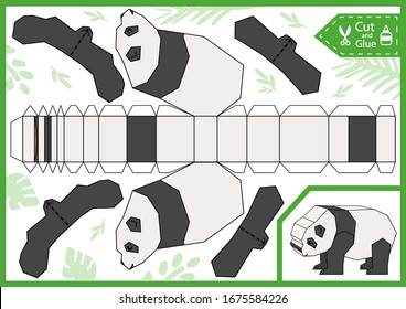 Cut and glue the paper a panda. Diy Miniature. Children craft worksheet. Art game with education riddle. Kids crafts activity page. Create toys. 3d gaming puzzle. Birthday decor. Vector illustration.