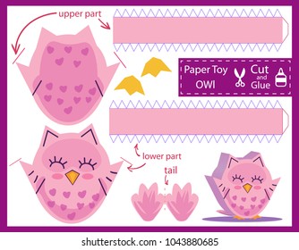 Cut and glue the paper pink cute funny owl. Kids art craft game and activities jigsaw. Children funny riddle entertainment and amusement. Create toys the cartoon bird yourself. Vector illustration.