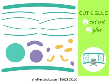 Cut and glue paper plane. Color paper cutting application game. Educational game for preschool children. DIY activity worksheet. Kids art game and activities jigsaw. Vector stock illustration.