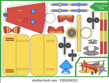 Cut and glue the paper a plane. Worksheet with funny education riddle. Children art game. Kids crafts activity page. Create toys car yourself. Birthday decor. Vector illustration.